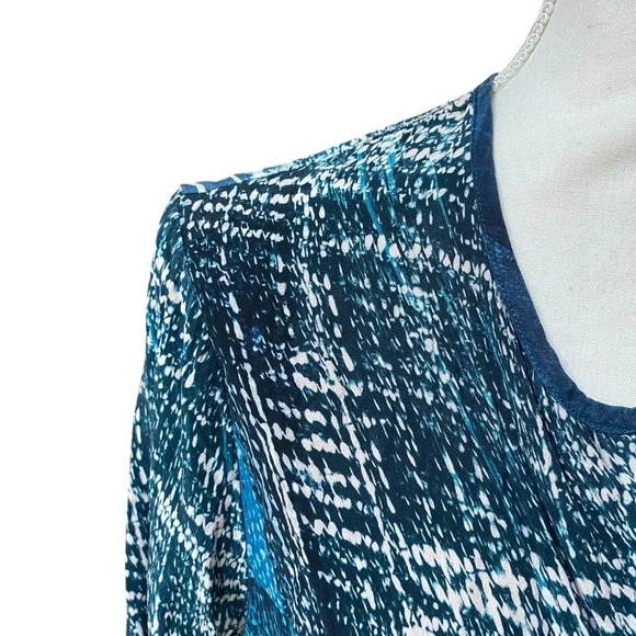 Ecru Silk Blouse Navy Cream Turquoise V-Neck Hidden Button Work Top M - Picture 3 of 13